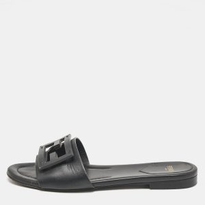 Fendi Black Leather Logo Flat Slides Size 37, Flats - Luxury Closet catalog