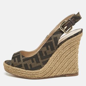 Fendi Brown Canvas FF Slingback Wedge Sandals Size 36, Sandals - Luxury Closet catalog