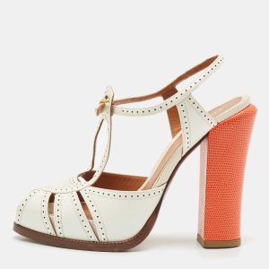 Fendi White/Orange Lizard Embossed and Patent Leather Cut Out T-Strap Sandals Size 38, Sandals - Luxury Closet catalog