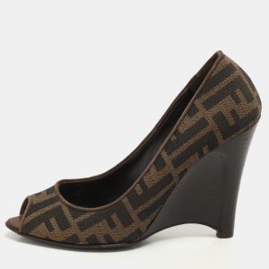 Fendi Tobacco Zucca Canvas and Suede Wedge Peep Toe Pumps Size 36, Pumps - Luxury Closet catalog