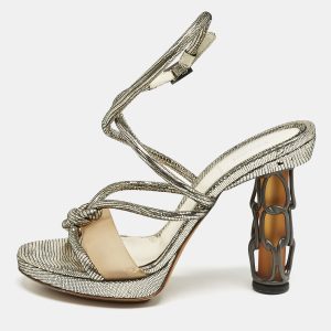 Fendi Gold Lizard Embossed Leather Chain Cage Heel Platform Sandals Size 39, Sandals - Luxury Closet catalog