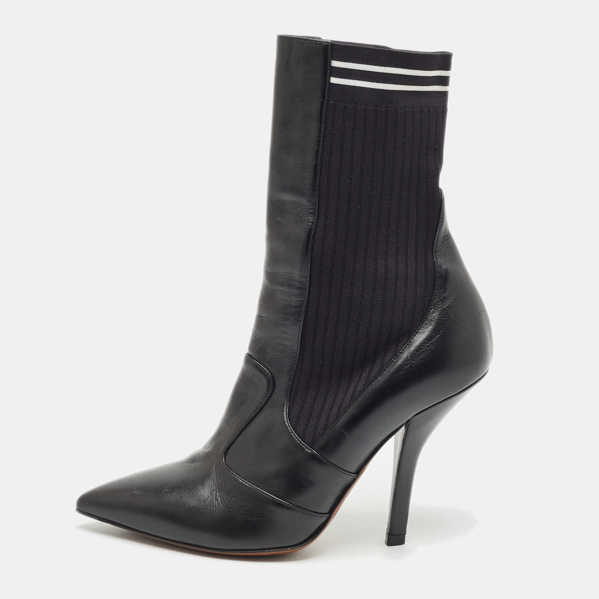Fendi Black Leather And Stretch Knit Fabric Rockoko Ankle Boots Size 38.5, Boots - Luxury Closet catalog