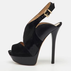 Fendi Black Suede and Leather Peep Toe Platform Slingback Pumps Size 39.5, Sandals - Luxury Closet catalog