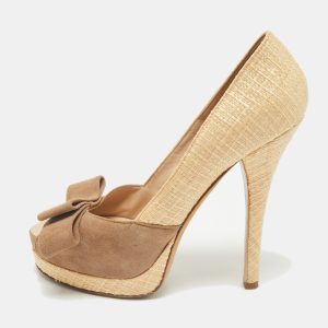 Fendi Beige/Brown Suede And Jute Bow Detail Peep Toe Platform Pumps Size 39, Pumps - Luxury Closet catalog