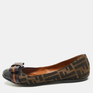 Fendi Brown/Black Zucca Canvas And Leather Bow Cap Toe Ballet Flats Size 37.5, Flats - Luxury Closet catalog