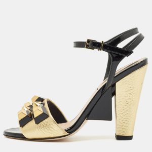Fendi Gold/Black Leather and Patent Studded Ankle Strap Sandals Size 35, Sandals - Luxury Closet catalog