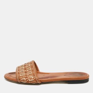 Fendi Brown/White Leather and Woven Leather FF Flat Sandals Size 39, Sandals - Luxury Closet catalog