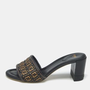Fendi Black/Brown FF Interlace Leather Slide Sandals Size 37.5, Sandals - Luxury Closet catalog