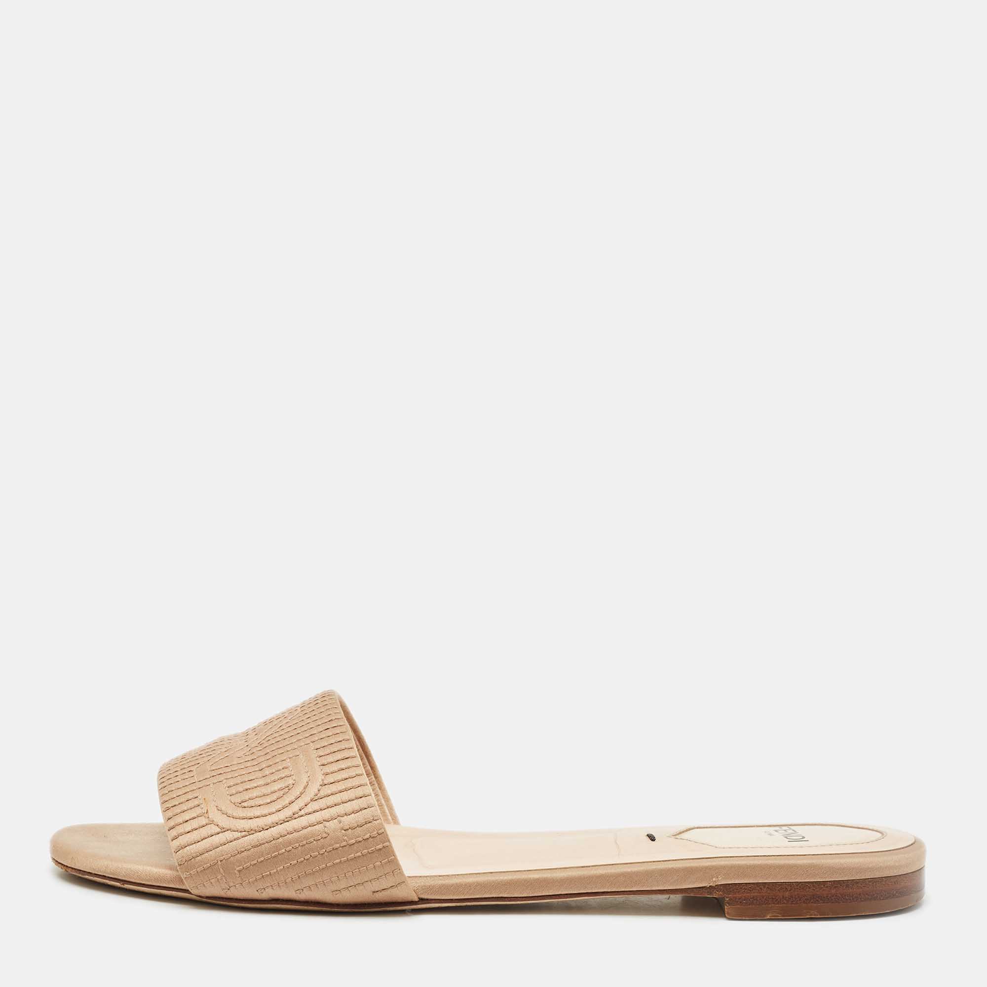 Fendi Beige Satin Logo Embroidered Flat Slides Size 37.5, Sandals - Luxury Closet catalog