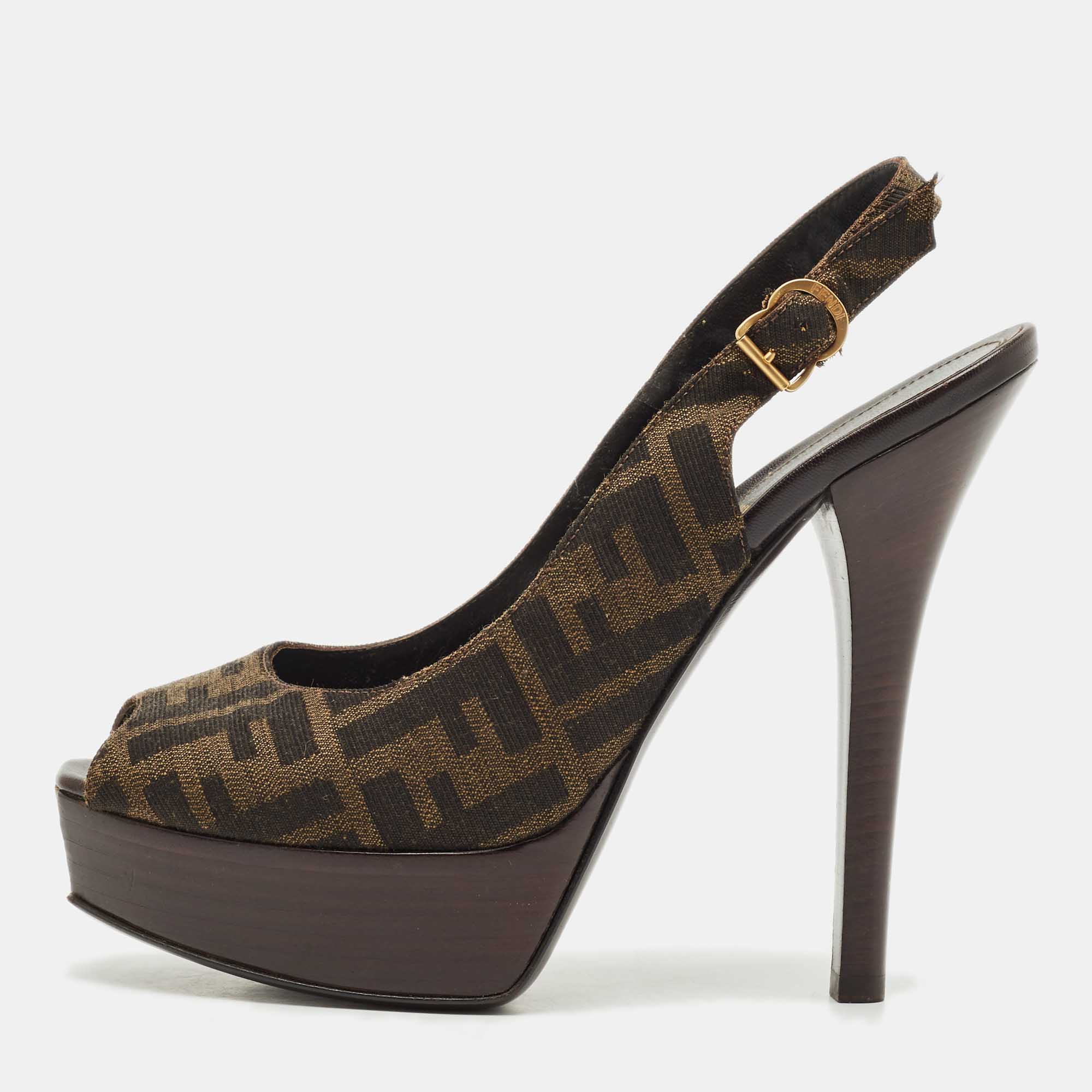 Fendi Brown Zucca Canvas Open Toe Platform Slingback Sandals Size 40, Sandals - Luxury Closet catalog