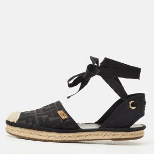 Fendi Black FF Logo Embroidered Fabric Ankle Wrap Espadrille Flats Size 38, Flats - Luxury Closet catalog