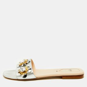Fendi Silver Leather Flowerland Embellished Flat Slide Sandals Size 38, Sandals - Luxury Closet catalog