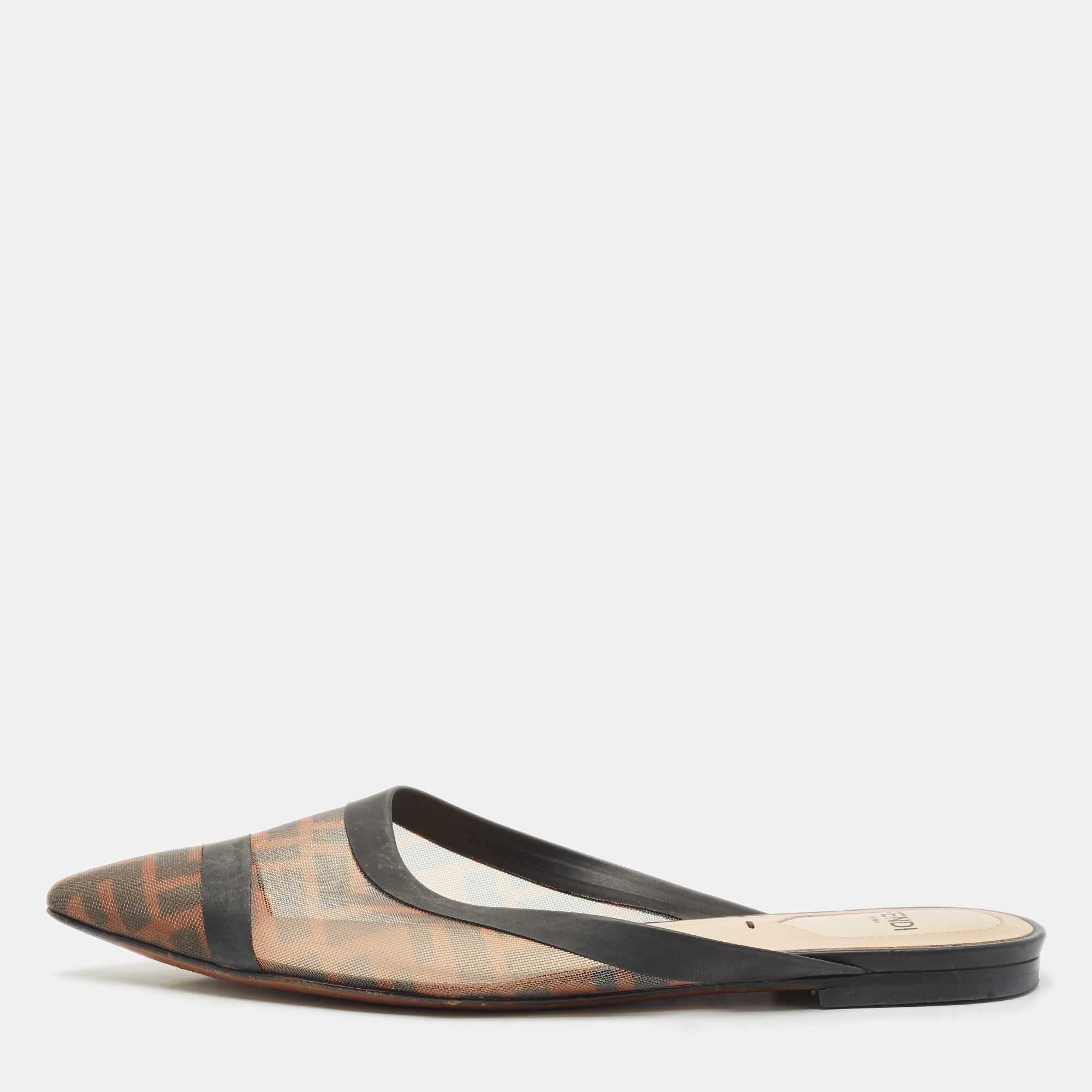 Fendi Tobacco FF Logo Print Mesh Colibri Pointed Toe Flat Mules Size 36, Sandals - Luxury Closet catalog