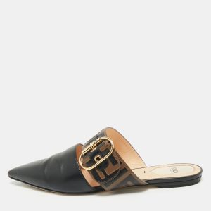 Fendi Black/Brown Leather FF Logo Buckle Mules Size 38, Flats - Luxury Closet catalog