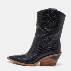 Fendi Black Croc Embossed Leather Mid Calf Cowboy Boots Size 36.5, Boots - Luxury Closet catalog
