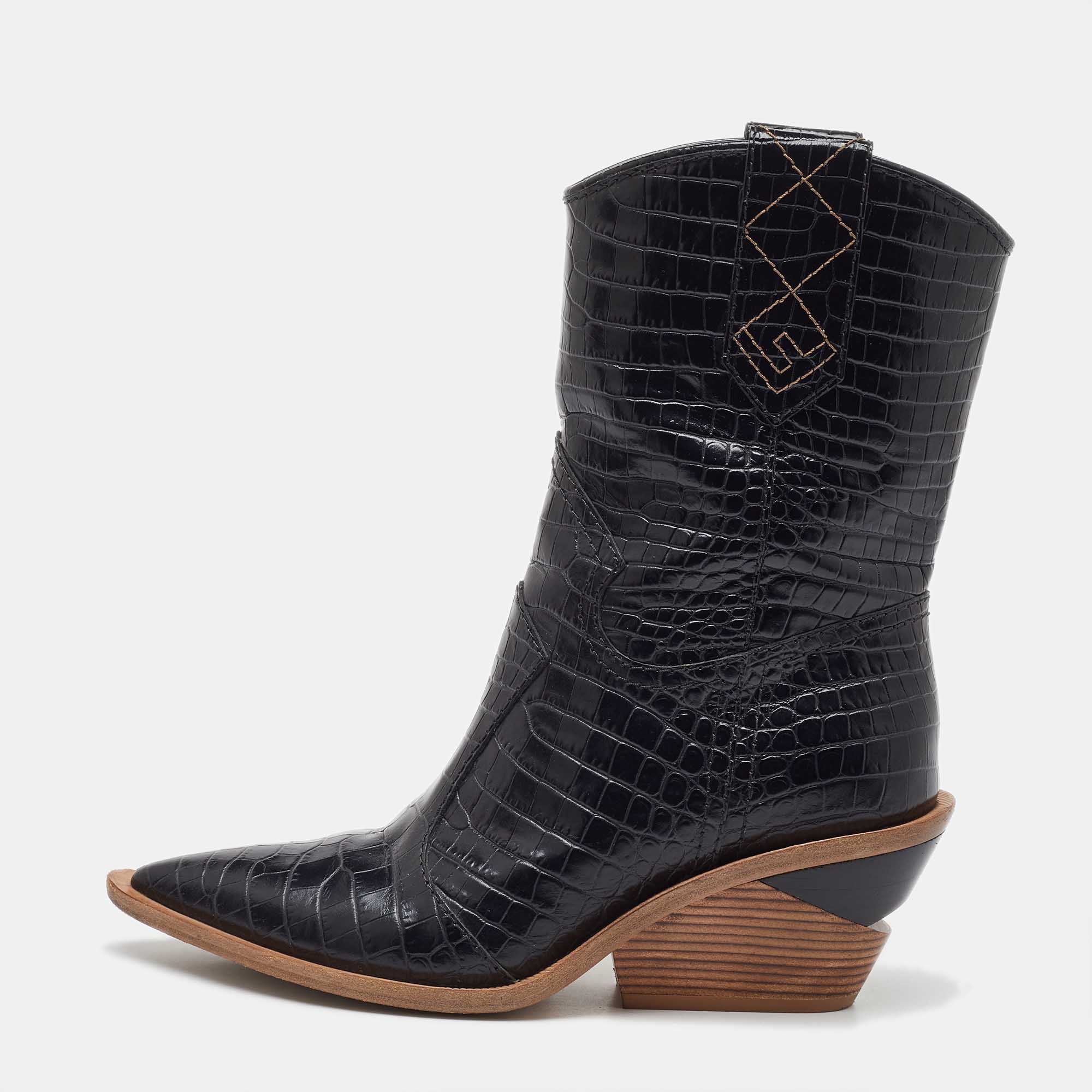 Fendi Black Croc Embossed Leather Mid Calf Cowboy Boots Size 36.5, Boots - Luxury Closet catalog
