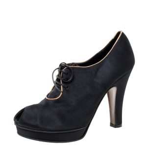 Fendi Black Satin Platform Peep Toe Lace Up Ankle Booties Size 37, Boots - Luxury Closet catalog
