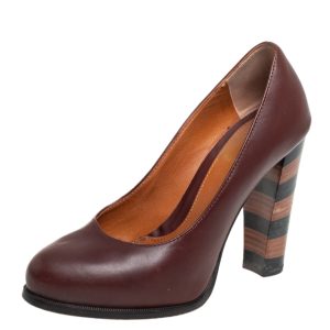 Fendi Burgundy Leather Pequin Block Heel Pumps Size 35, Pumps - Luxury Closet catalog