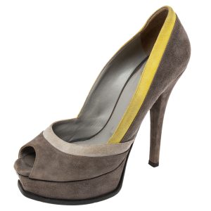 Fendi Grey/Yellow Suede Fendista Peep Toe Platform Pumps Size 39, Pumps - Luxury Closet catalog