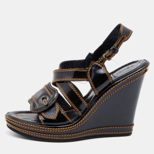 Fendi Black Patent Leather B Buckle Platform Wedge Sandals Size 37.5, Sandals - Luxury Closet catalog