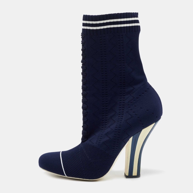 Fendi Navy Blue Knit Fabric Rockoko Mid Calf Boots Size 40, Boots - Luxury Closet catalog
