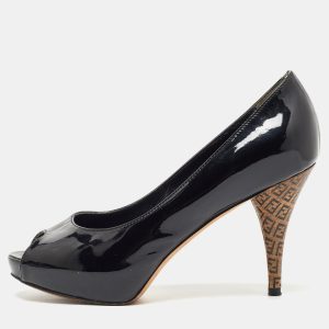 Fendi Black Patent Leather FF Heels Peep Toe Platform Pumps Size 35.5, Pumps - Luxury Closet catalog