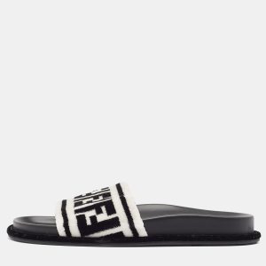 Fendi Black/White Fur FF Flat Slides Size 38.5, Sandals - Luxury Closet catalog