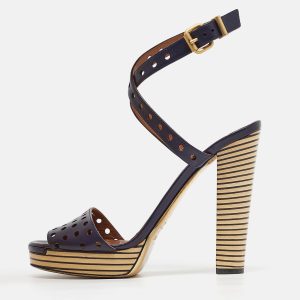Fendi Navy Blue Perforated Leather Ankle Strap Platform Sandals Size 40, Sandals - Luxury Closet catalog
