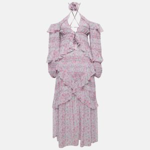 For Love & Lemons Pink Floral Print Chiffon Ruffled Rowan Maxi Dress S, Dresses - Luxury Closet catalog