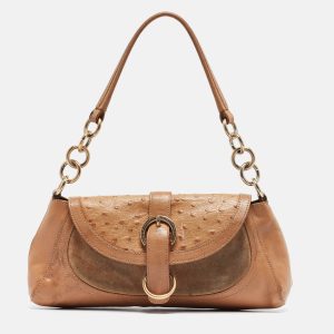 Furla Beige Suede, Ostrich Embossed and Leather Buckle Flap Hobo, Shoulder Bags - Luxury Closet catalog