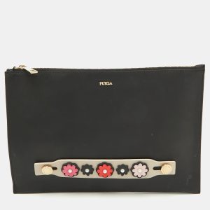 Furla Black Leather Floral Handle Flat Zip Pouch Clutch, Clutches & Special Occasion Bags - Luxury Closet catalog