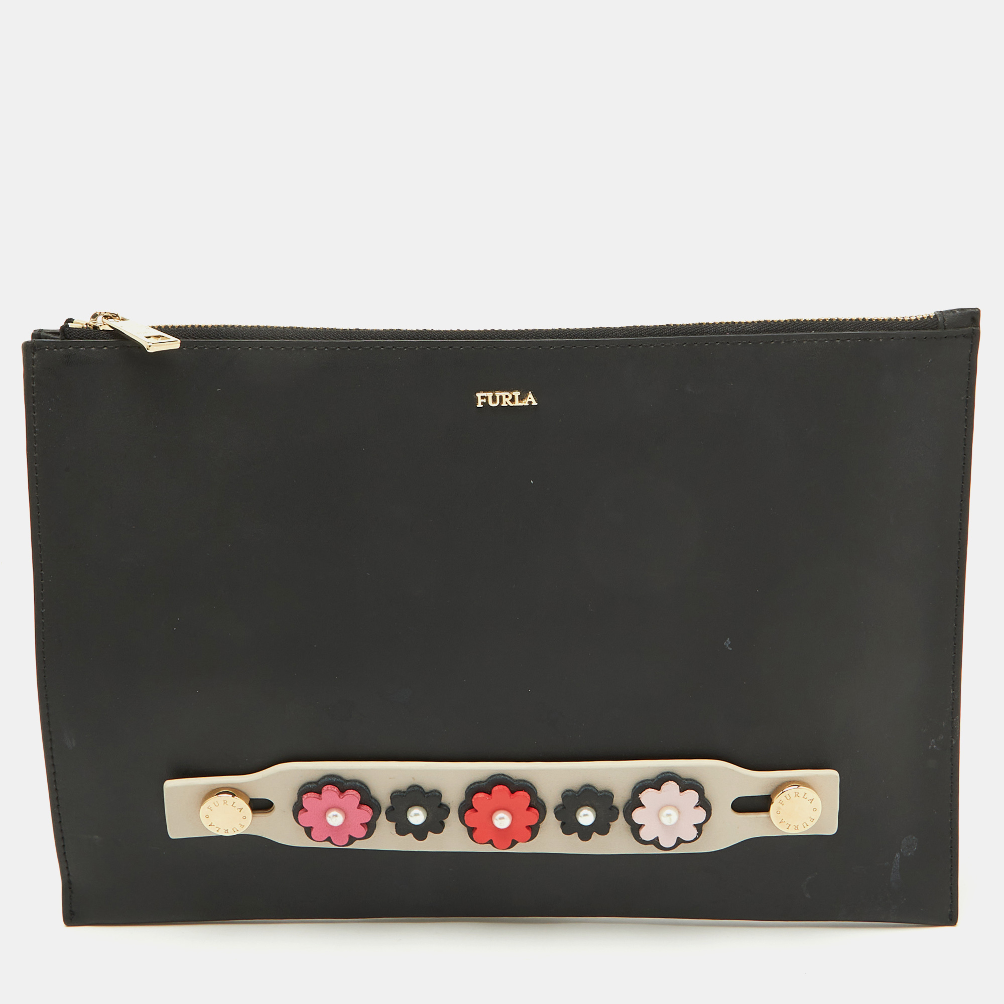 Furla Black Leather Floral Handle Flat Zip Pouch Clutch, Clutches & Special Occasion Bags - Luxury Closet catalog