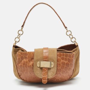 Furla Brown/Tan Croc Embossed Leather and Suede Flap Hobo, Shoulder Bags - Luxury Closet catalog