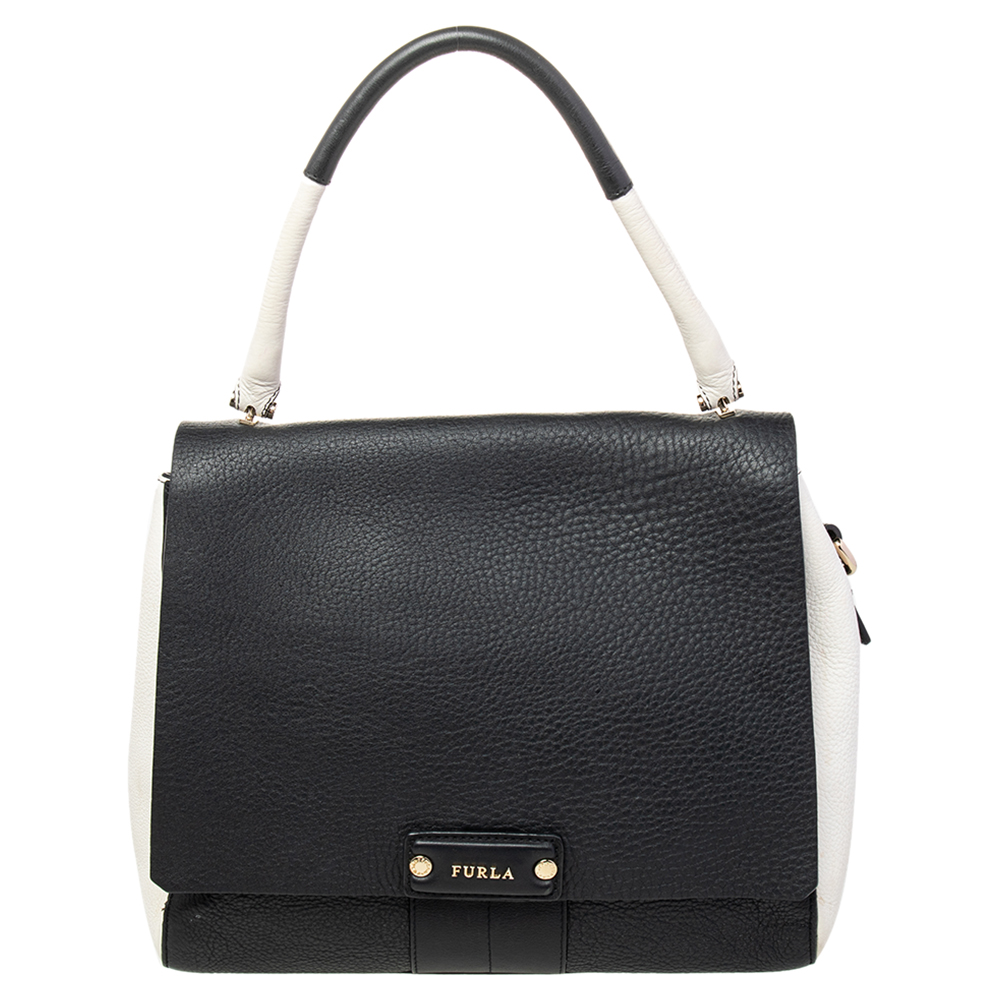 Furla Black/White Leather Flap Top Handle Bag, Satchels - Luxury Closet catalog