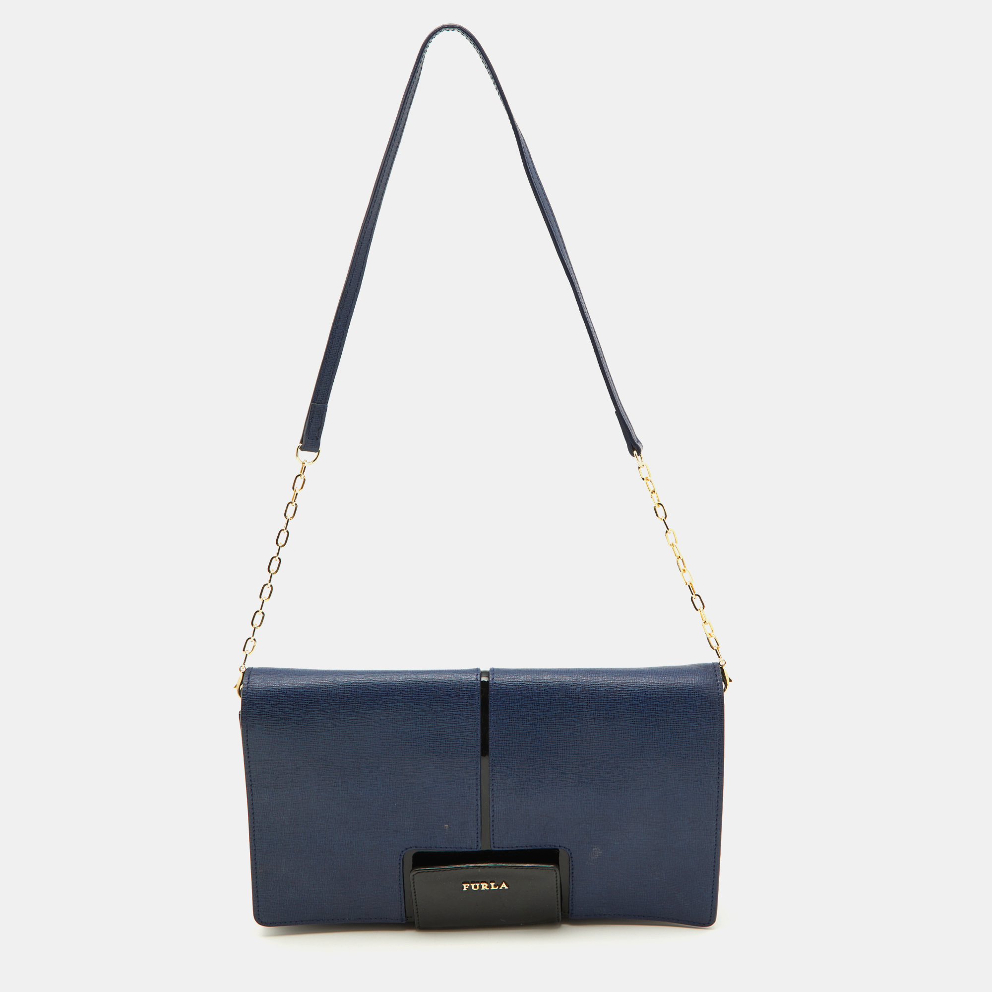 Furla Blue/Black Leather Flap Chain Shoulder Bag, Shoulder Bags - Luxury Closet catalog