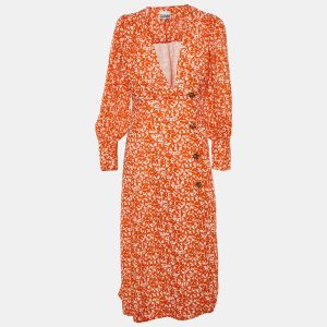 Ganni Orange Floral Print Chiffon Midi Wrap Dress L, Dresses - Luxury Closet catalog