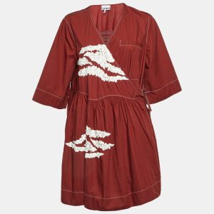 Ganni Brown Embellished Cotton Oversized Wrap Mini Dress L/XL, Dresses - Luxury Closet catalog