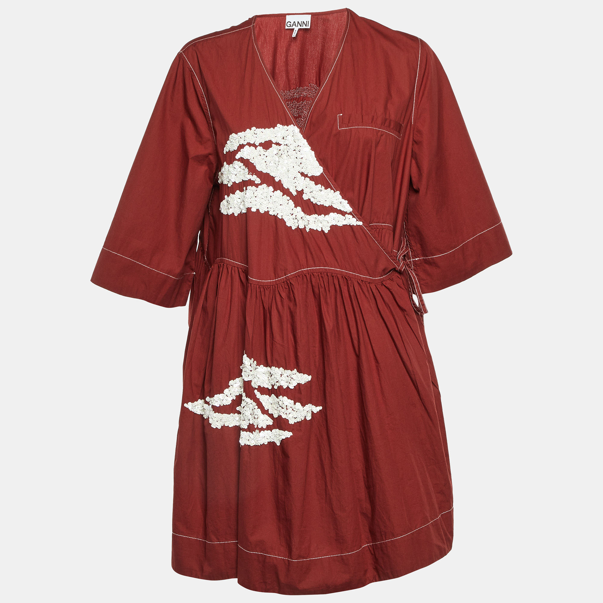 Ganni Brown Embellished Cotton Oversized Wrap Mini Dress L/XL, Dresses - Luxury Closet catalog