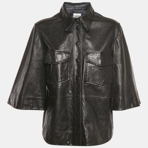 Ganni Black Leather Button Front Wide Sleeve Shirt Jacket L, Coats & Jackets - Luxury Closet catalog