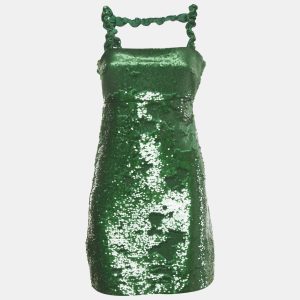 Ganni Green Sequin Twisted Sleeve Mini Dress XXS, Dresses - Luxury Closet catalog