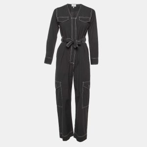 Ganni Black Cotton Blend Contrast Stitch Detail Belted Jumpsuit XS, Suits - Luxury Closet catalog