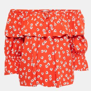 Ganni Orange Floral Printed Crepe Ruffled Top S, Shirts & Tops - Luxury Closet catalog