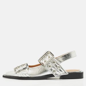 Ganni Silver Leather Buckle Slingback Flats Size 37, Flats - Luxury Closet catalog