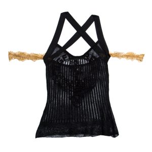 GF Ferre Metallic Black Scallop Lace Strap Detail Perforated Knit Top S, Shirts & Tops - Luxury Closet catalog