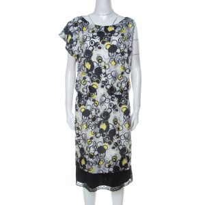 GF Ferre Multicolor circle Print Silk Lace Detail Asymmetric Shoulder Dress L, Dresses - Luxury Closet catalog
