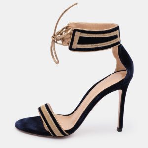 Gianvito Rossi Blue/Gold Velvet and Leather Augusta Ankle Cuff Sandals Size 36, Sandals - Luxury Closet catalog