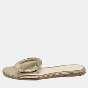 Gianvito Rossi Metallic Gold/Black Suede Buckle Detail Flat Slides Size 34, Flats - Luxury Closet catalog