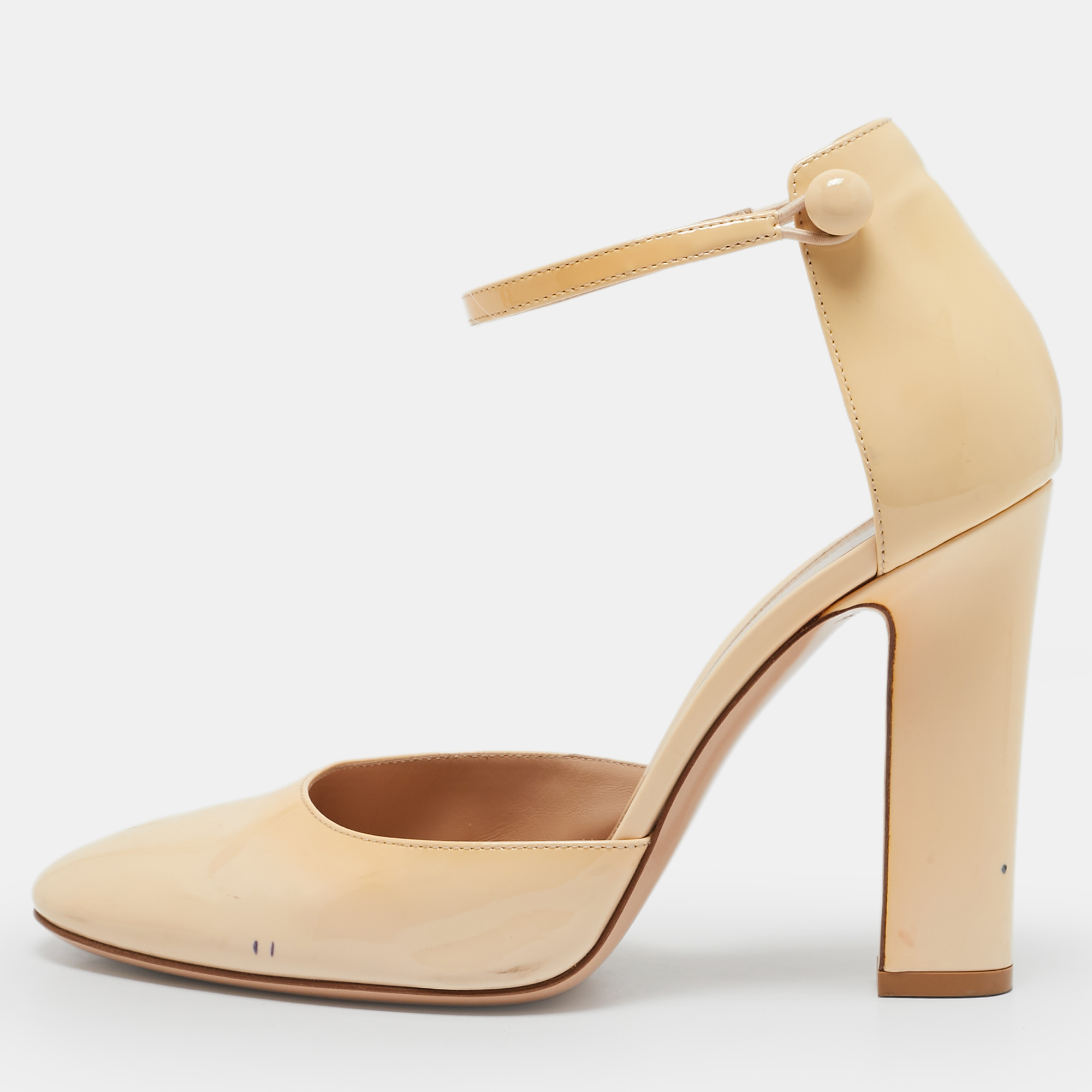 Gianvito Rossi Beige Patent Leather Ankle Strap Block Heel Pumps Size 38.5, Pumps - Luxury Closet catalog