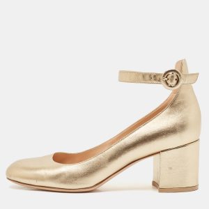 Gianvito Rossi Gold Leather Ankle Strap Block Heel Pumps Size 38.5, Pumps - Luxury Closet catalog