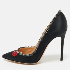 Gianvito Rossi Black Satin Crystal Embellished Pointed Toe Pumps Size 36.5, Pumps - Luxury Closet catalog